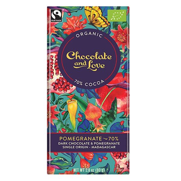 Chocolate & Love Organic Fairtrade Dark Chocolate 70% With Pomegranate 80g
