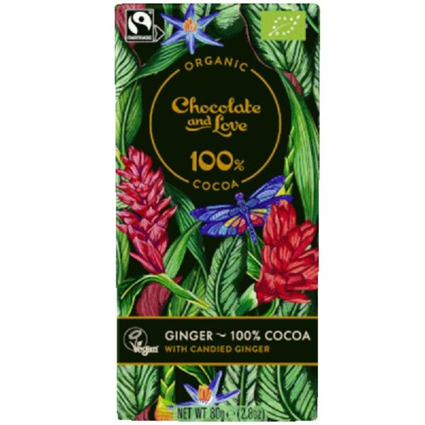 Chocolate & Love Organic Fairtrade Ginger Extra Dark Chocolate 100% with Candied Ginger 80g