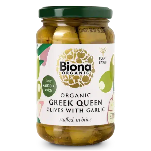 Biona Organic Greek Queen Green Olives Stuffed With Garlic 370g